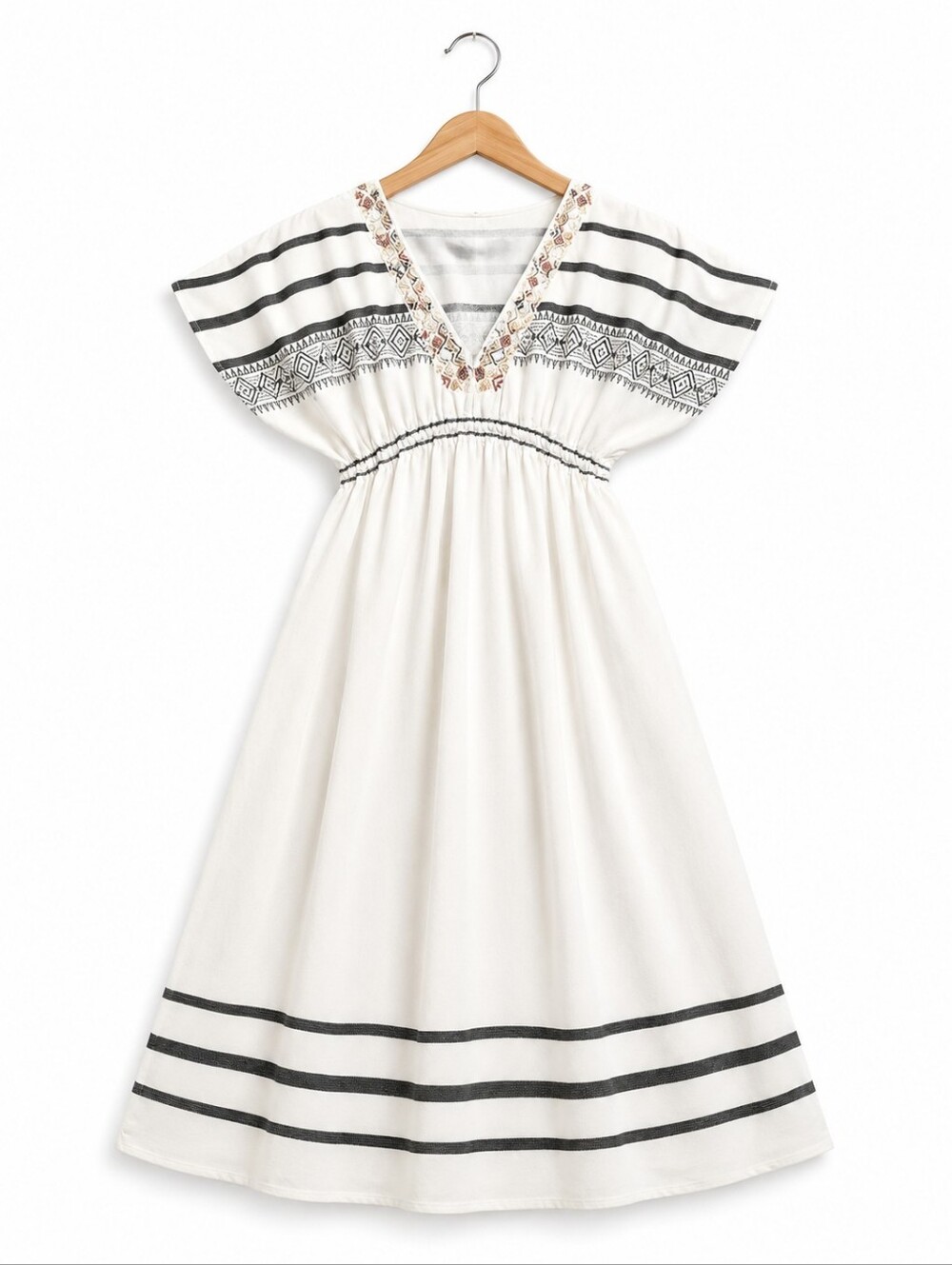 Zara 100% Cotton White Dress with Black Stripes and Embroidered Accents